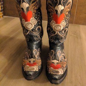 OLD GRINGO GRACE BLACK EMBROIDERED LEATHER BOOTS 6.5